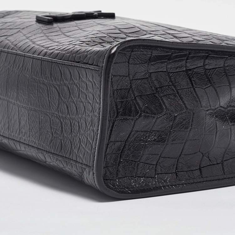 Pre Owned Saint Laurent Black Croc Embossed Leather Medium Monogram Nikki Tote