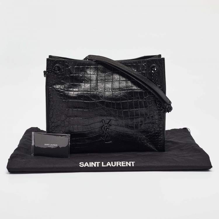 Pre Owned Saint Laurent Black Croc Embossed Leather Medium Monogram Nikki Tote