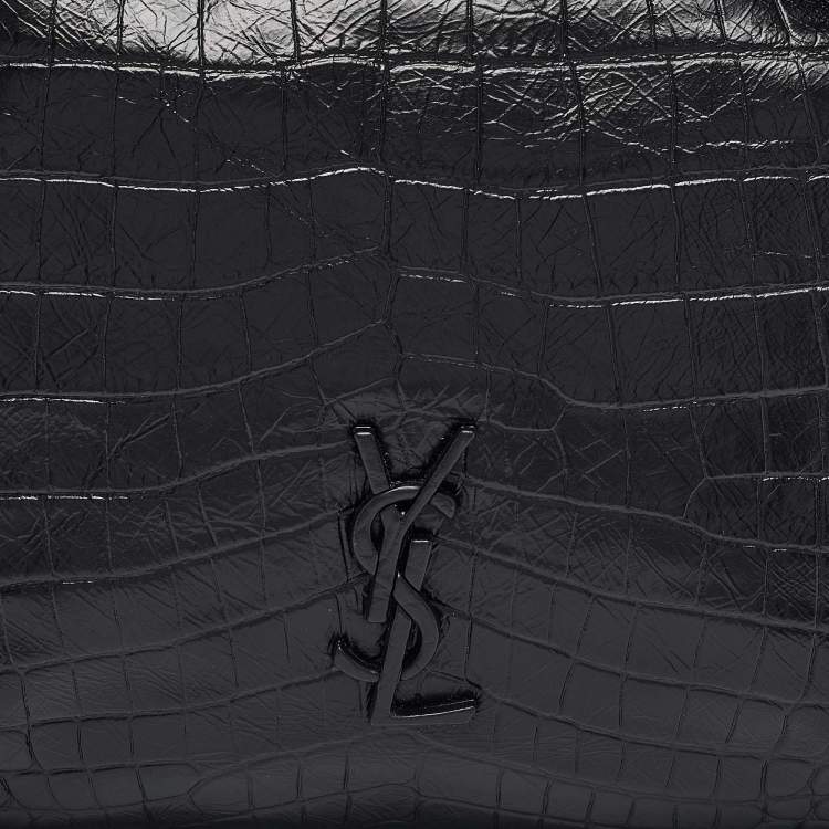 Pre Owned Saint Laurent Black Croc Embossed Leather Medium Monogram Nikki Tote