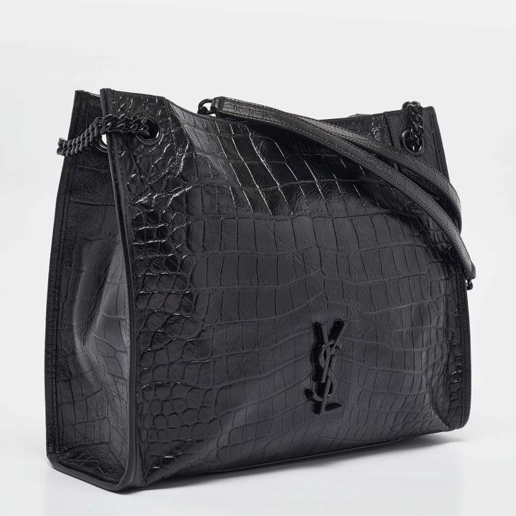 Pre Owned Saint Laurent Black Croc Embossed Leather Medium Monogram Nikki Tote