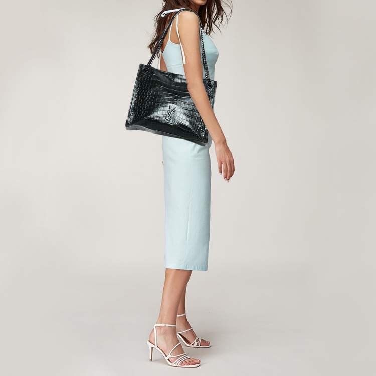 Pre Owned Saint Laurent Black Croc Embossed Leather Medium Monogram Nikki Tote