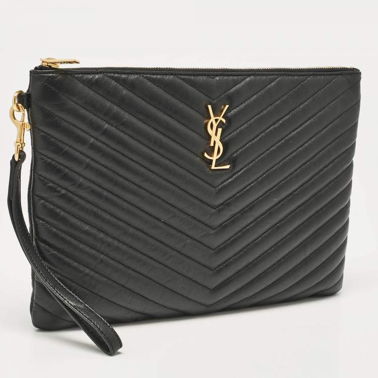 Pre Owned Saint Laurent Black Matelassé Leather Cassandra Tablet Pouch 