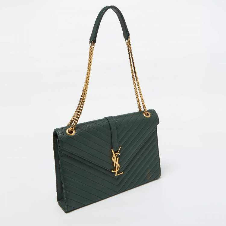 Pre Owned Saint Laurent Green Matelassé Leather Large Cassandre Flap Bag