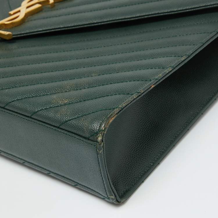 Pre Owned Saint Laurent Green Matelassé Leather Large Cassandre Flap Bag