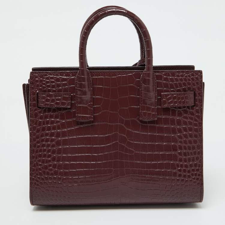 Pre Owned Saint Laurent Burgundy Croc Embossed Leather Nano Classic Sac De Jour Tote
