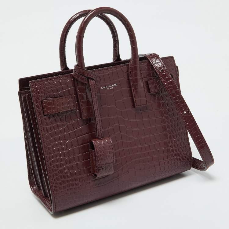 Pre Owned Saint Laurent Burgundy Croc Embossed Leather Nano Classic Sac De Jour Tote