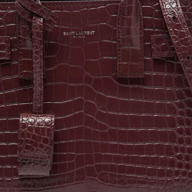 Pre Owned Saint Laurent Burgundy Croc Embossed Leather Nano Classic Sac De Jour Tote