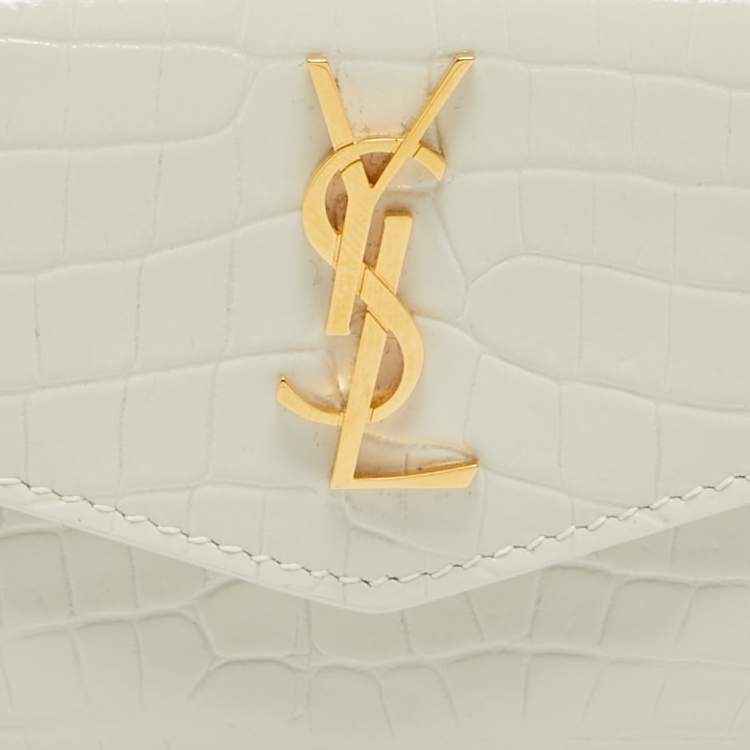 Pre Owned Saint Laurent Off White Croc Embossed Leather Uptown Flap Card Holder