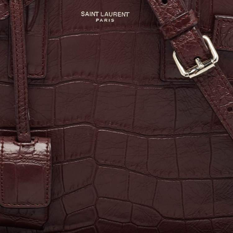 Pre Owned Saint Laurent Burgundy Croc Embossed Leather Nano Classic Sac De Jour Tote