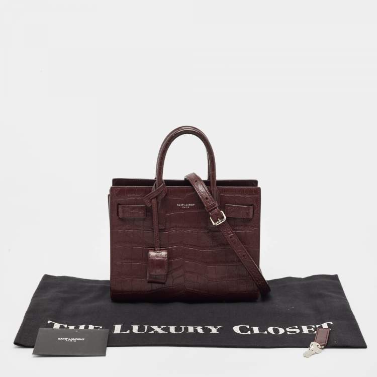 Pre Owned Saint Laurent Burgundy Croc Embossed Leather Nano Classic Sac De Jour Tote