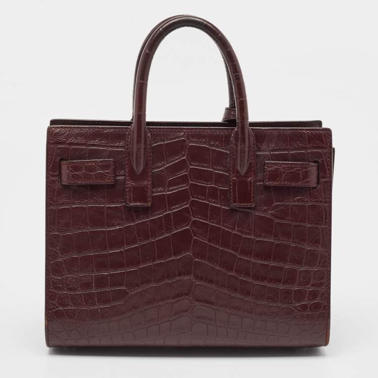 Pre Owned Saint Laurent Burgundy Croc Embossed Leather Nano Classic Sac De Jour Tote