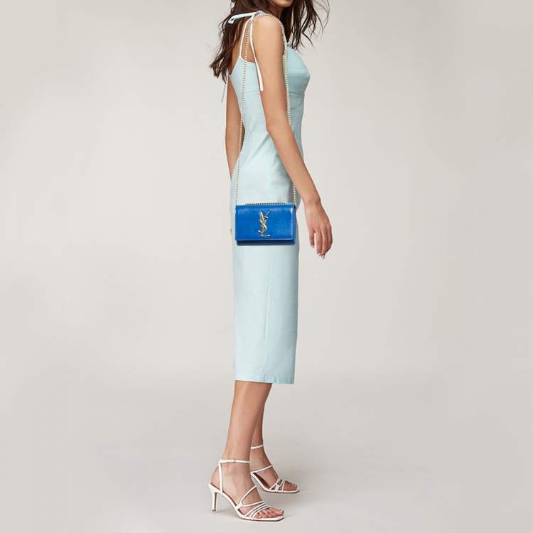 Pre Owned Saint Laurent Blue Patent Leather Small Kate Chain Shoulder Bag