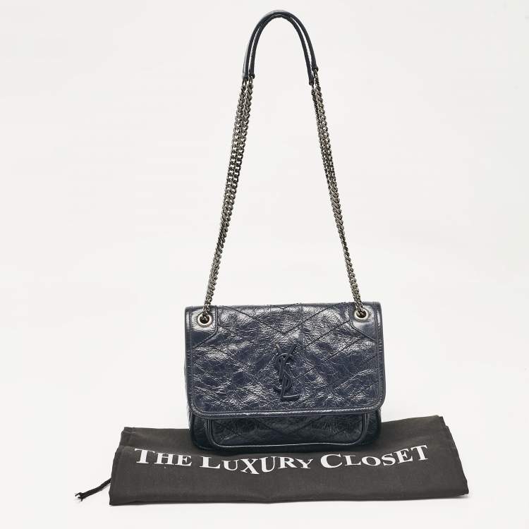 Pre Owned Saint Laurent Navy Blue Matelassé Leather Baby Niki Chain Shoulder Bag