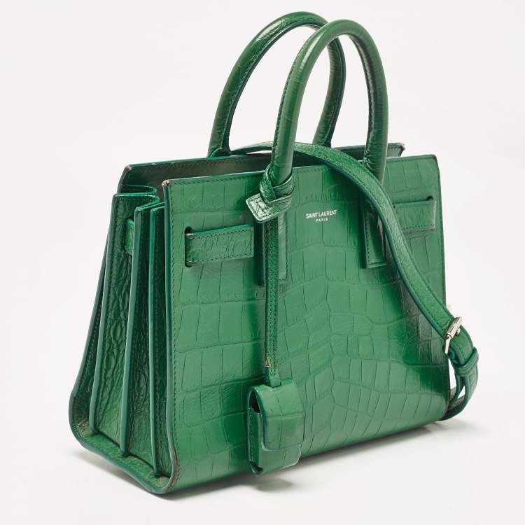 Pre Owned Saint Laurent Green Croc Embossed Leather Nano Classic Sac De Jour Tote