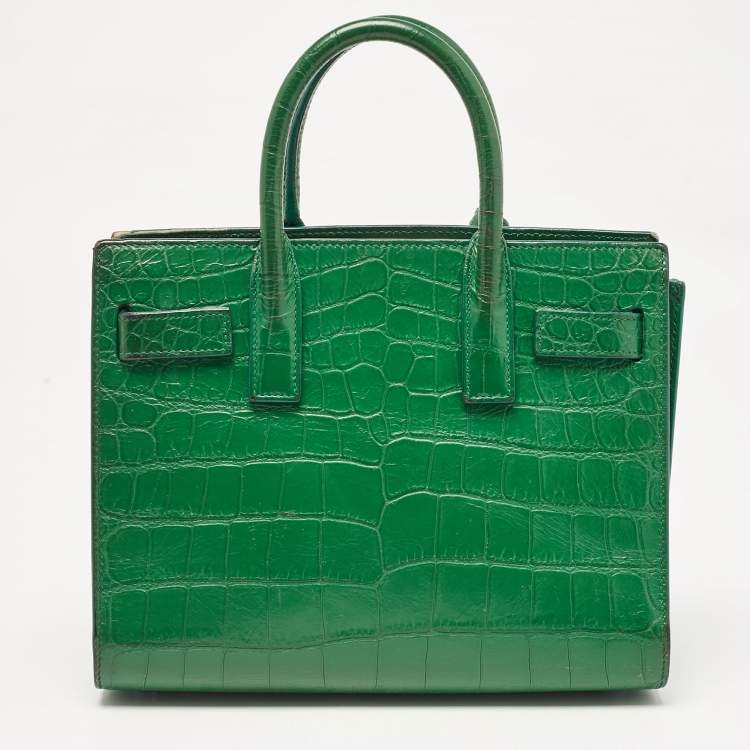 Pre Owned Saint Laurent Green Croc Embossed Leather Nano Classic Sac De Jour Tote