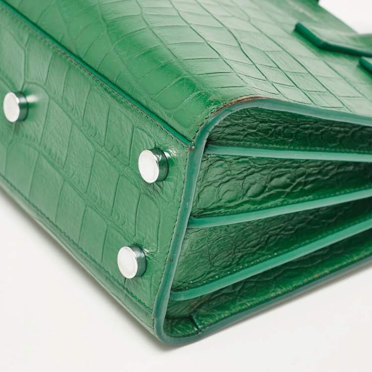 Pre Owned Saint Laurent Green Croc Embossed Leather Nano Classic Sac De Jour Tote