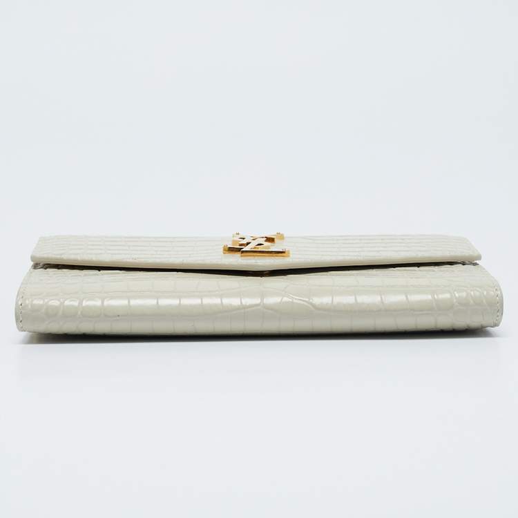 Pre Owned Saint Laurent Off White Croc Embossed Leather Uptown Wallet On Chain