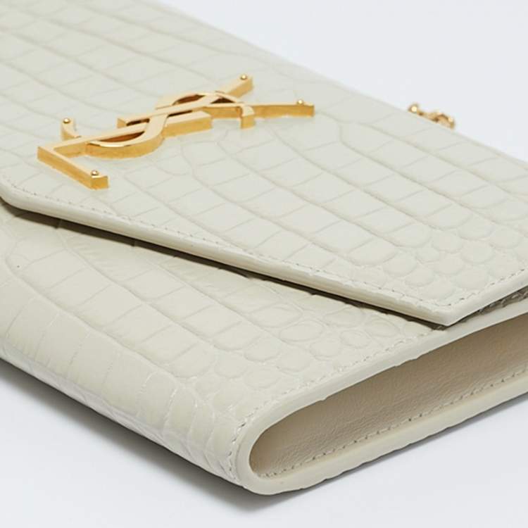 Pre Owned Saint Laurent Off White Croc Embossed Leather Uptown Wallet On Chain