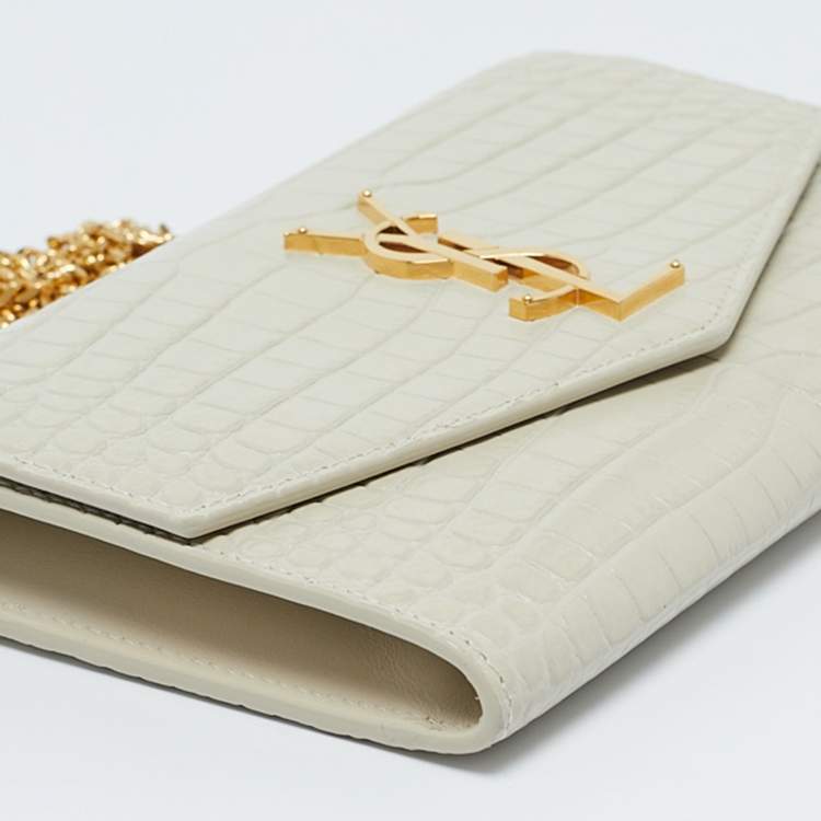 Pre Owned Saint Laurent Off White Croc Embossed Leather Uptown Wallet On Chain