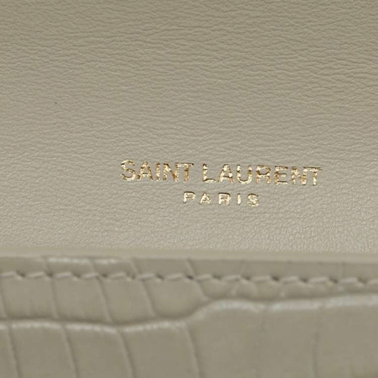Pre Owned Saint Laurent Off White Croc Embossed Leather Uptown Wallet On Chain