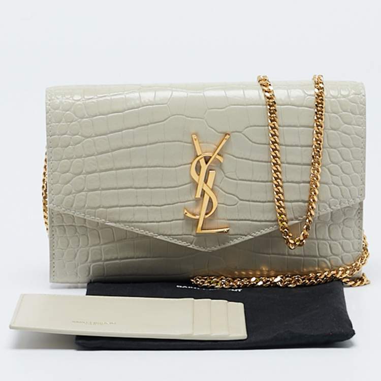 Pre Owned Saint Laurent Off White Croc Embossed Leather Uptown Wallet On Chain