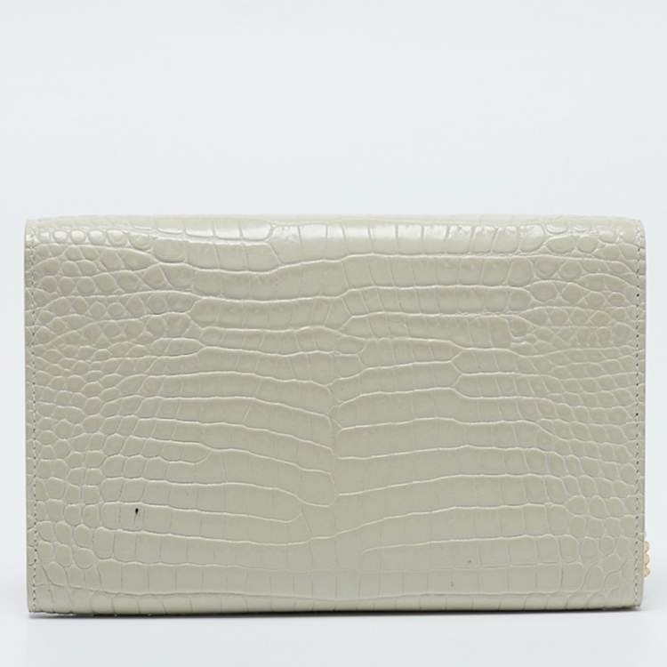Pre Owned Saint Laurent Off White Croc Embossed Leather Uptown Wallet On Chain