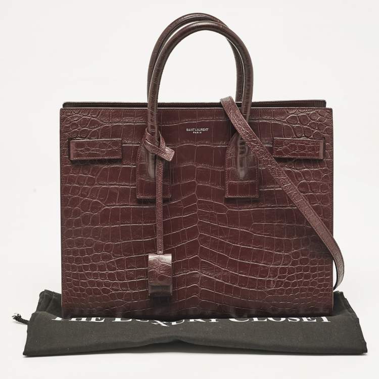 Pre Owned Saint Laurent Burgundy Croc Embossed Leather Small Sac De Jour Tote