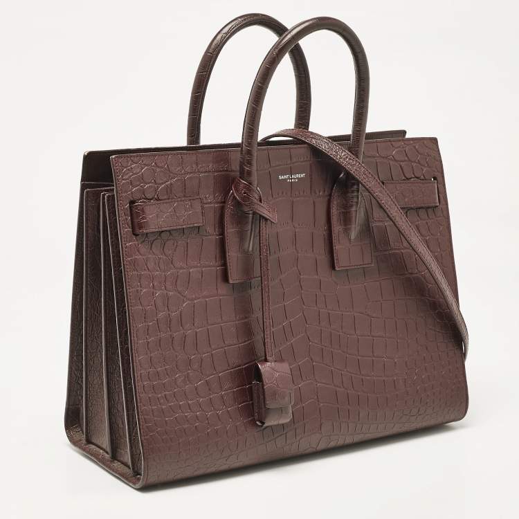 Pre Owned Saint Laurent Burgundy Croc Embossed Leather Small Sac De Jour Tote