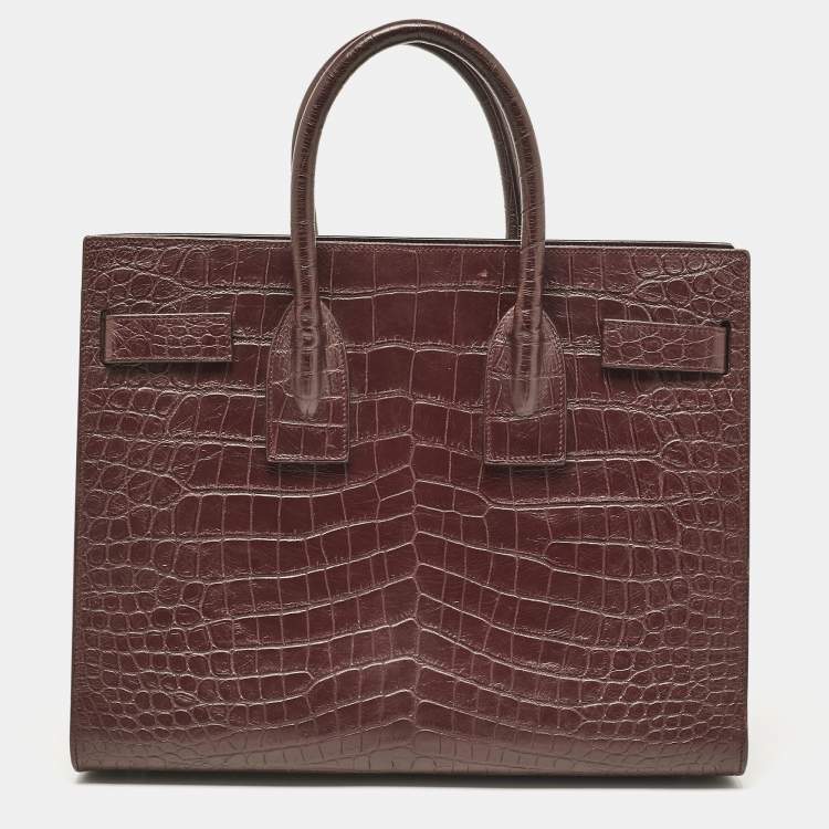 Pre Owned Saint Laurent Burgundy Croc Embossed Leather Small Sac De Jour Tote