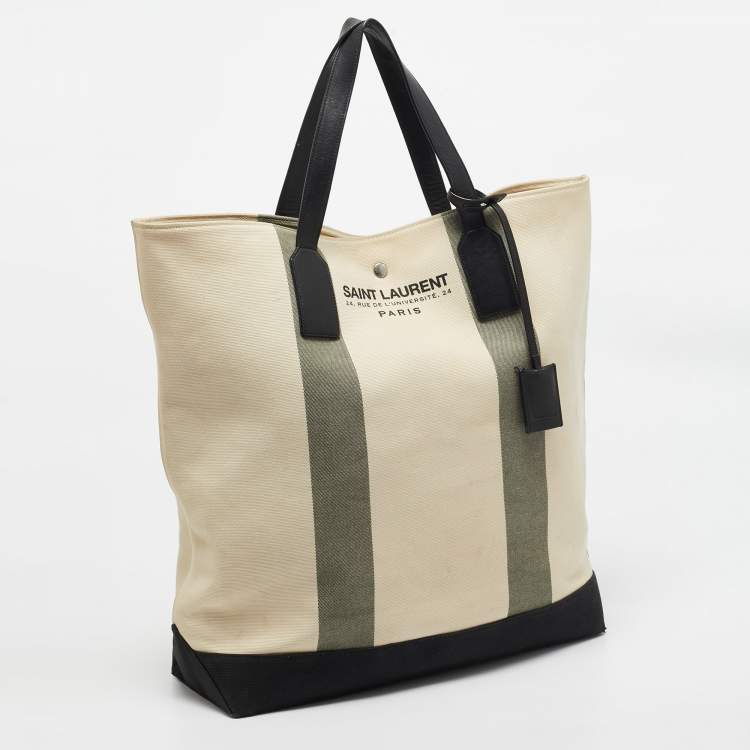 Pre Owned Saint Laurent Beige/Black Canvas and Leather East West Beach Tote