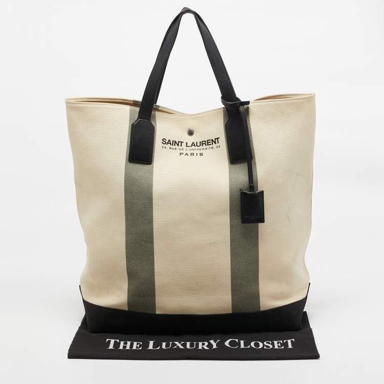 Pre Owned Saint Laurent Beige/Black Canvas and Leather East West Beach Tote
