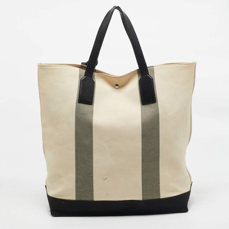 Pre Owned Saint Laurent Beige/Black Canvas and Leather East West Beach Tote