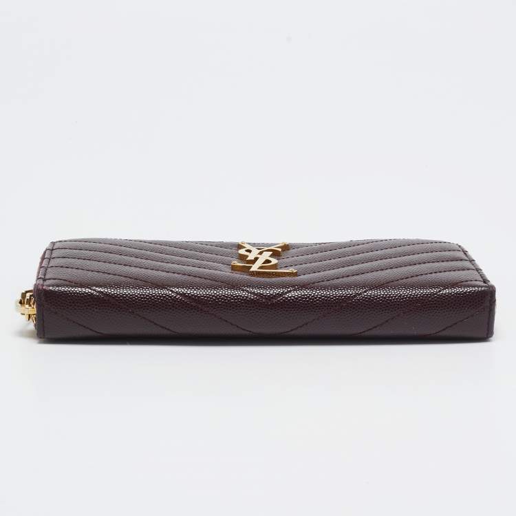 Pre Owned Saint Laurent Burgundy Matelassé Leather Cassandre Zip Continental Wallet