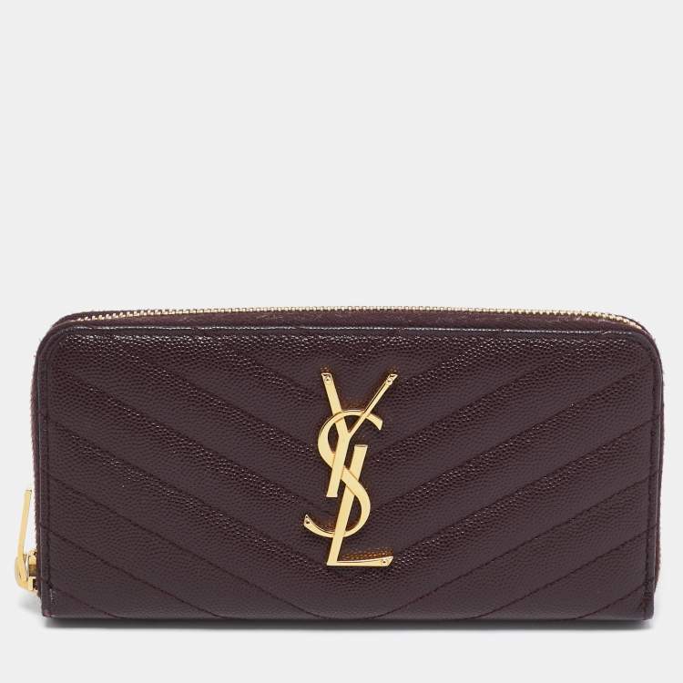Pre Owned Saint Laurent Burgundy Matelassé Leather Cassandre Zip Continental Wallet