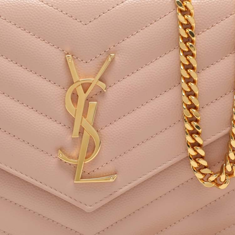 Pre Owned Saint Laurent Beige Leather Cassandre Wallet On Chain