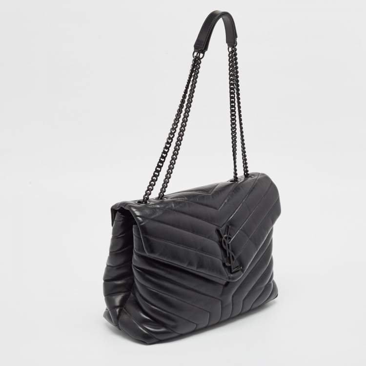 Pre Owned Saint Laurent Black Matelassé Leather Medium LouLou Shoulder Bag