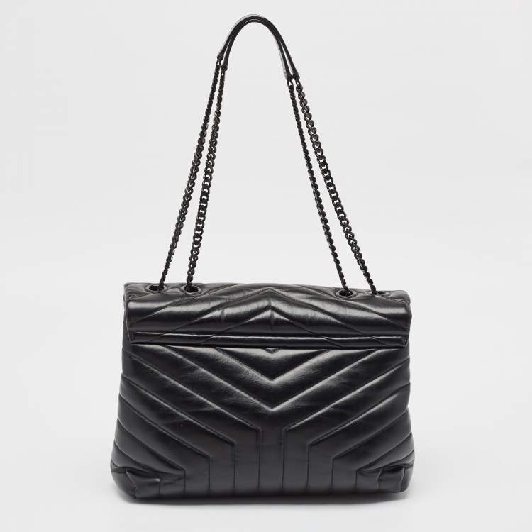 Pre Owned Saint Laurent Black Matelassé Leather Medium LouLou Shoulder Bag