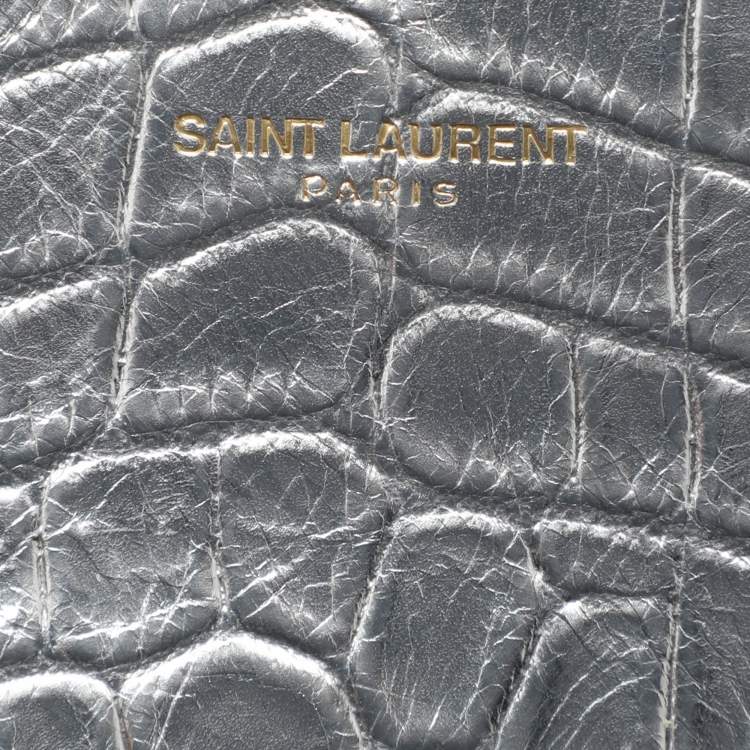 Pre Owned Saint Laurent Silver Croc Embossed Leather Medium Monogram Kate Shoulder Bag
