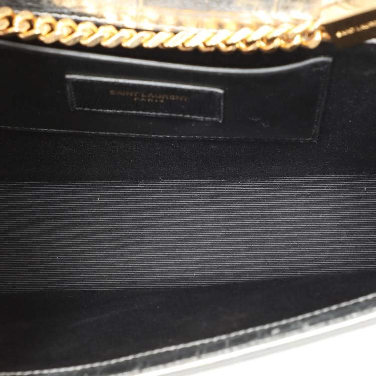 Pre Owned Saint Laurent Silver Croc Embossed Leather Medium Monogram Kate Shoulder Bag