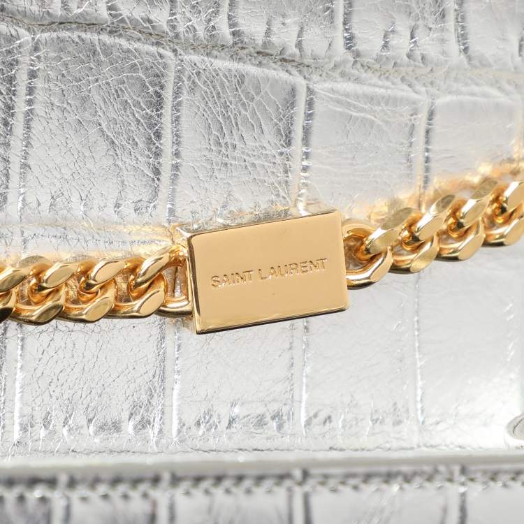 Pre Owned Saint Laurent Silver Croc Embossed Leather Medium Monogram Kate Shoulder Bag