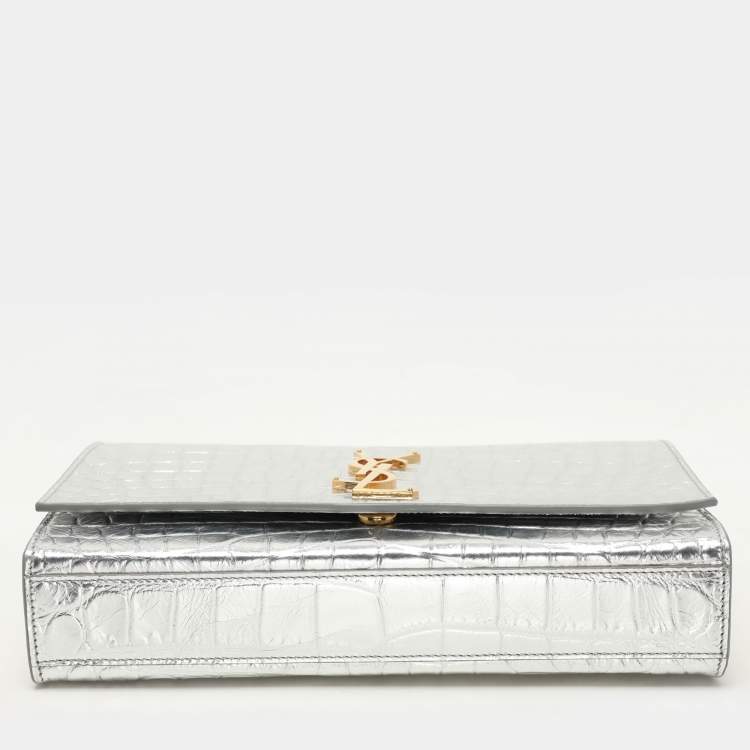 Pre Owned Saint Laurent Silver Croc Embossed Leather Medium Monogram Kate Shoulder Bag