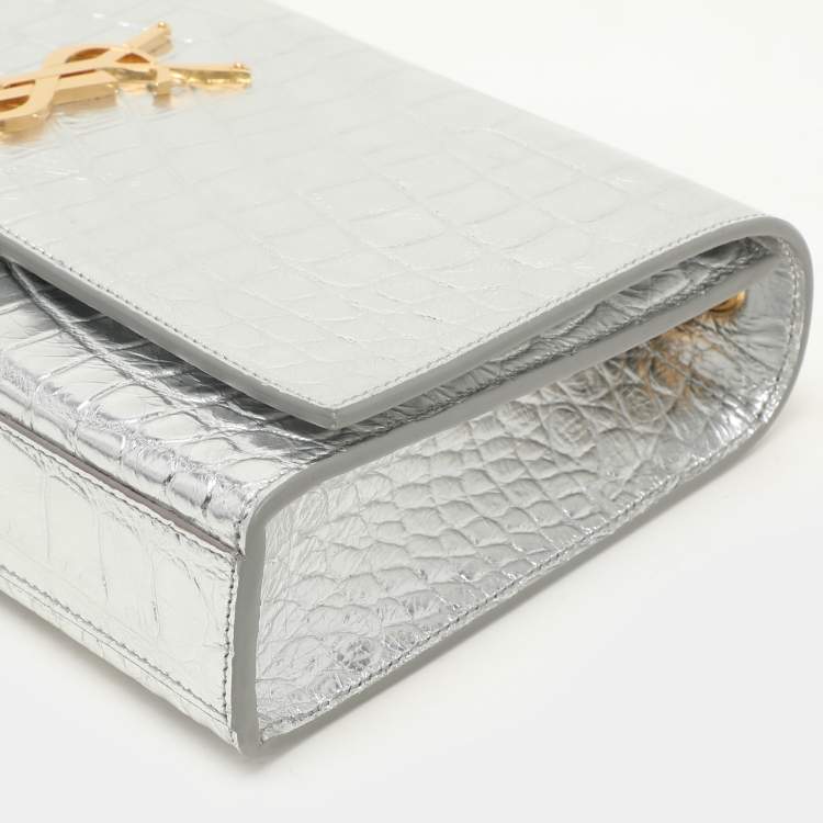 Pre Owned Saint Laurent Silver Croc Embossed Leather Medium Monogram Kate Shoulder Bag