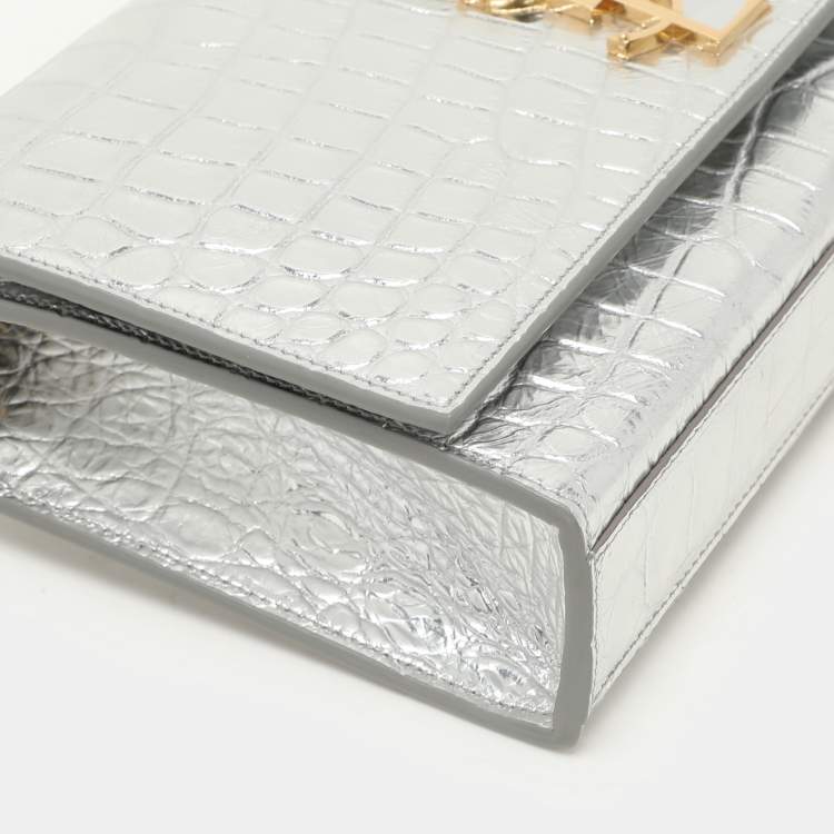 Pre Owned Saint Laurent Silver Croc Embossed Leather Medium Monogram Kate Shoulder Bag