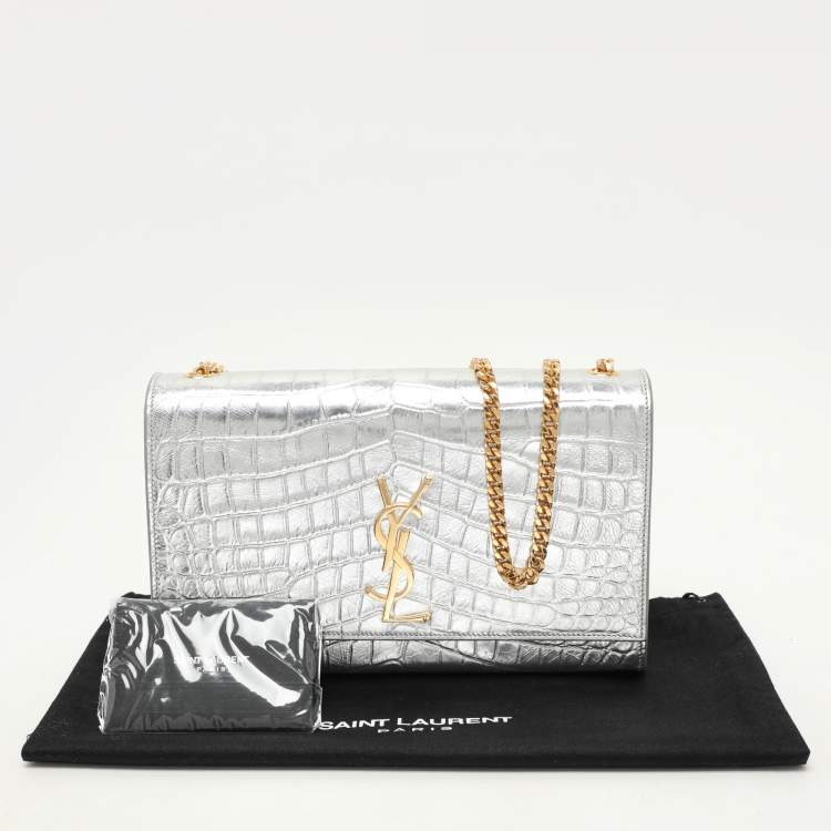 Pre Owned Saint Laurent Silver Croc Embossed Leather Medium Monogram Kate Shoulder Bag