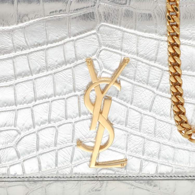 Pre Owned Saint Laurent Silver Croc Embossed Leather Medium Monogram Kate Shoulder Bag