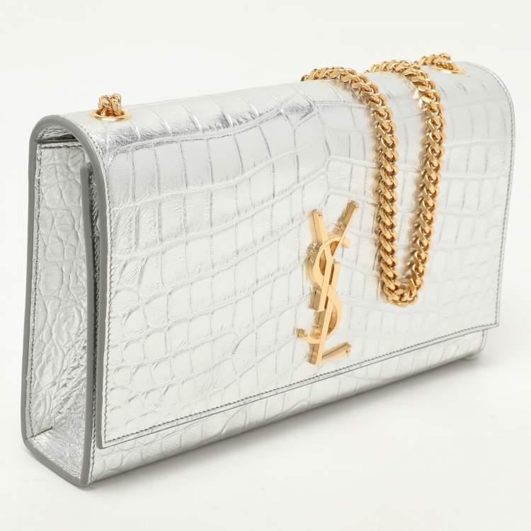 Pre Owned Saint Laurent Silver Croc Embossed Leather Medium Monogram Kate Shoulder Bag