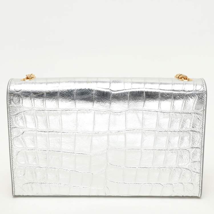 Pre Owned Saint Laurent Silver Croc Embossed Leather Medium Monogram Kate Shoulder Bag