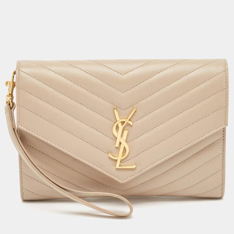 Pre Owned Saint Laurent Beige Matelassé Leather Cassandre Wristlet Pouch