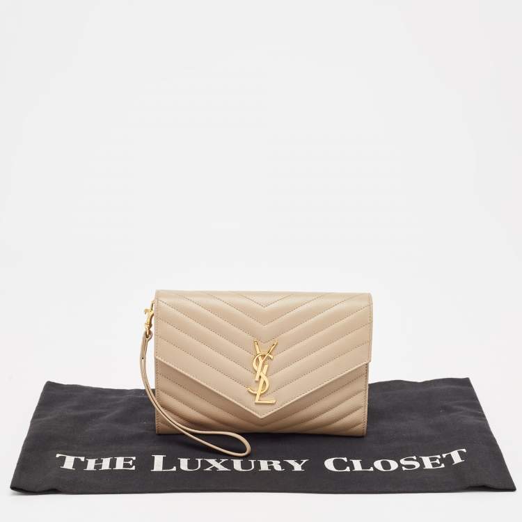 Pre Owned Saint Laurent Beige Matelassé Leather Cassandre Wristlet Pouch