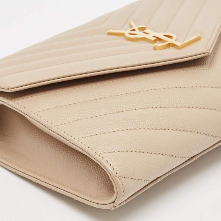 Pre Owned Saint Laurent Beige Matelassé Leather Cassandre Wristlet Pouch